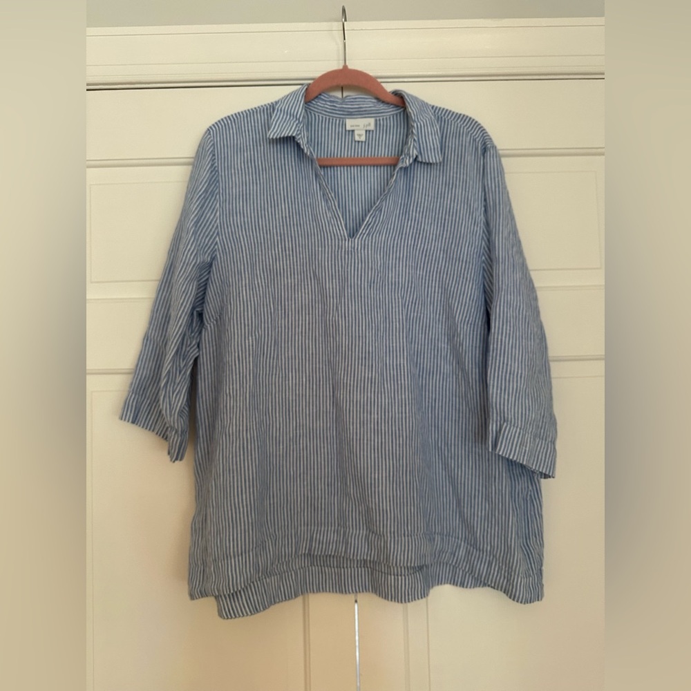 J. Jill Light Blue Striped Love Linen v neck popover 3/4 sleeves top size XL